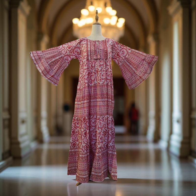 2XL/3XL Red Gaby With Sheila Printed Cotton Dress 57" Long Jalabiya