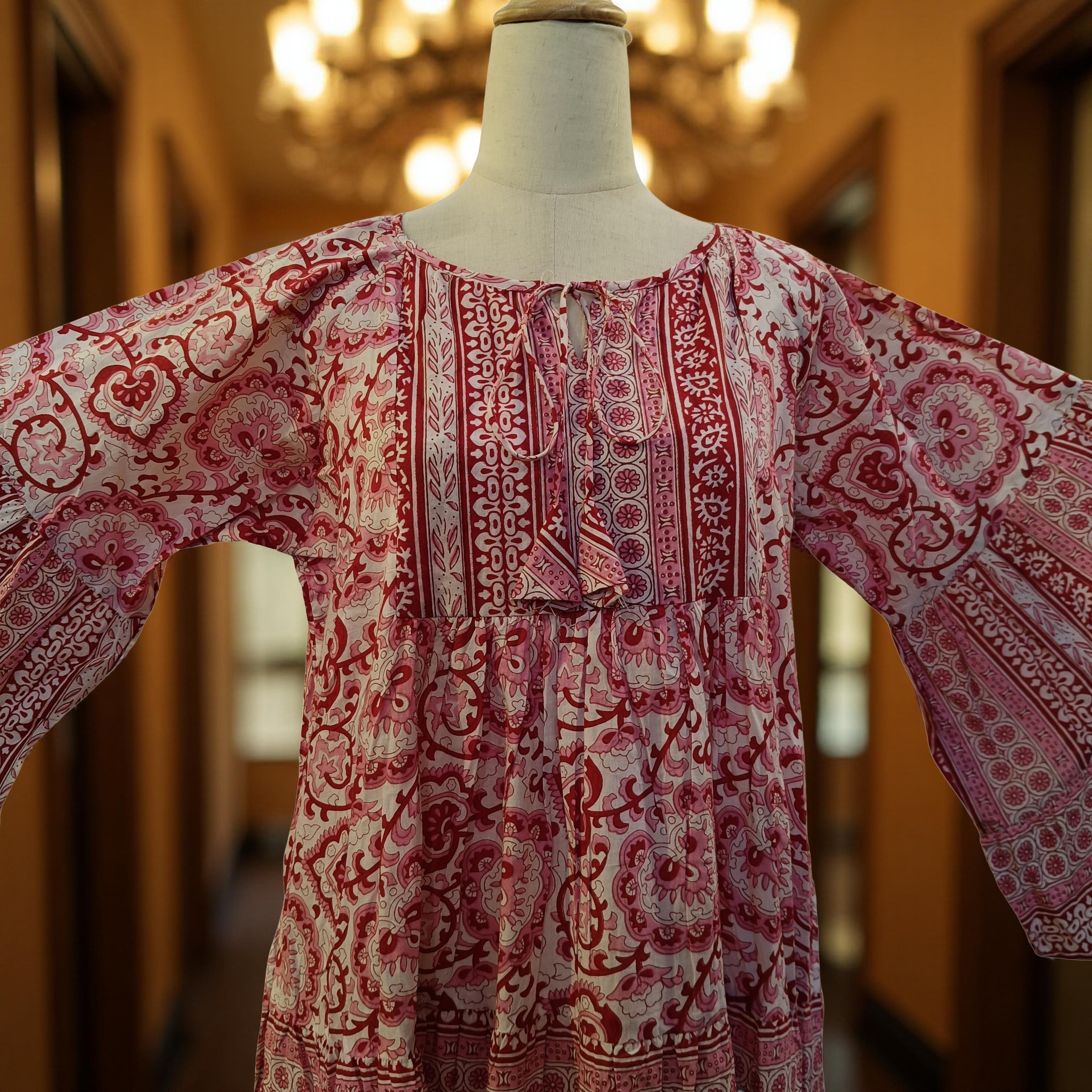 2XL/3XL Red Gaby With Sheila Printed Cotton Dress 57" Long Jalabiya