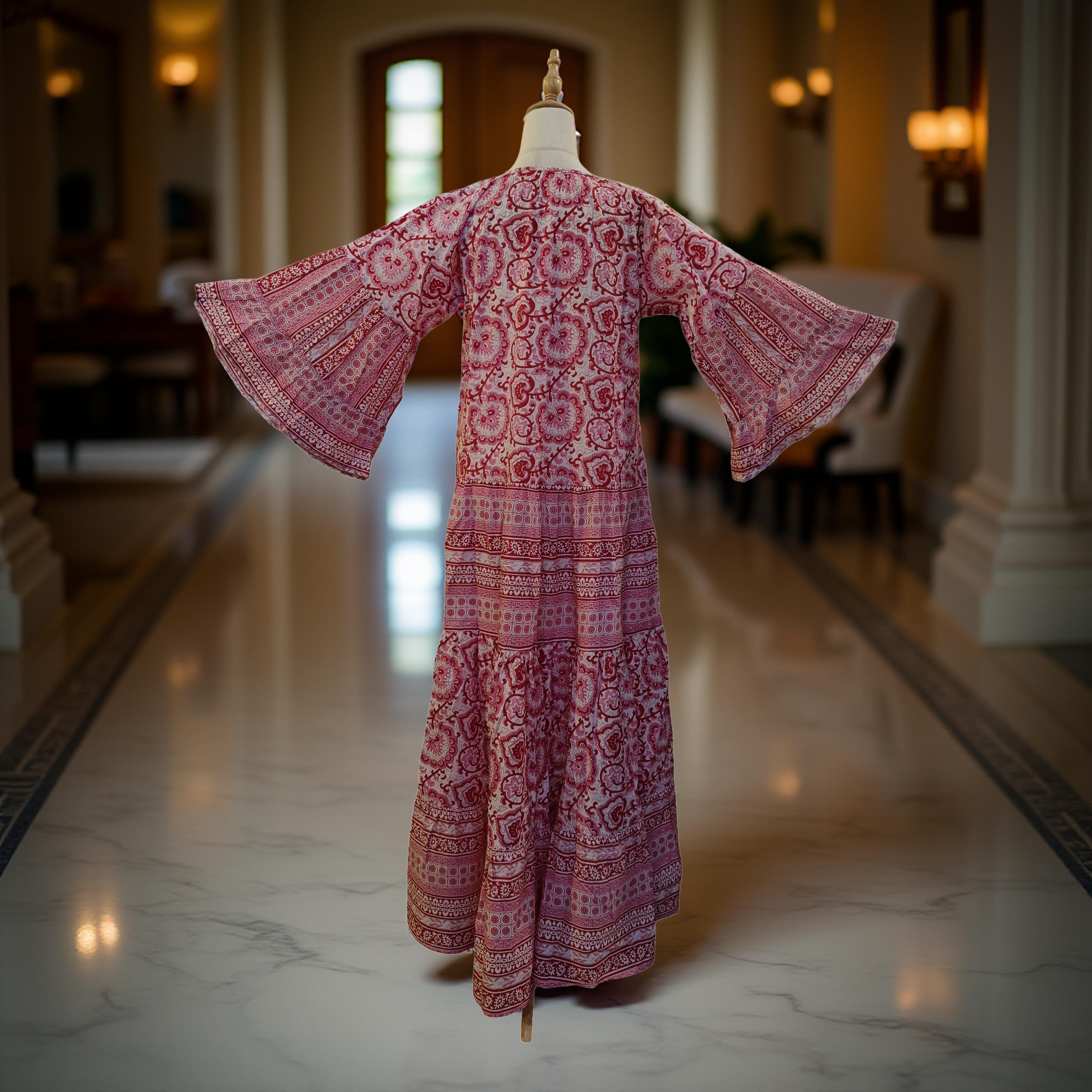 2XL/3XL Red Gaby With Sheila Printed Cotton Dress 57" Long Jalabiya