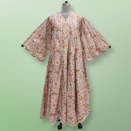 S/M Meher Gold Printed Cotton Dress 57" Long Jalabiya