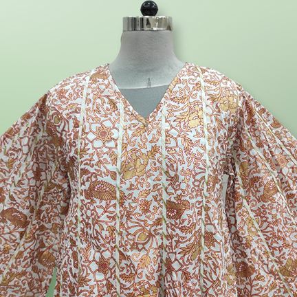 S/M Meher Gold Printed Cotton Dress 57" Long Jalabiya