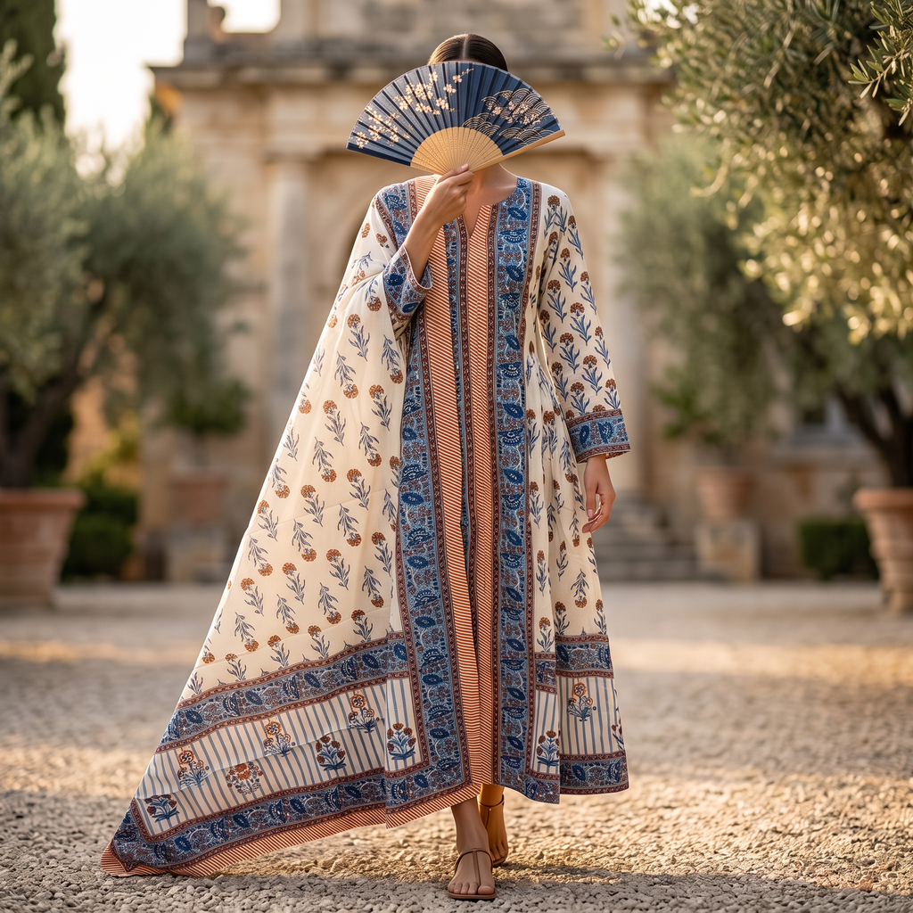 XS-S Bhopali Printed Cotton Dress 54" Long Jalabiya With Sheila TN 342