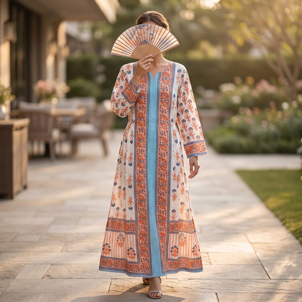 S-M Bhopali Printed Cotton Dress 57" Long Jalabiya With Sheila TN 397