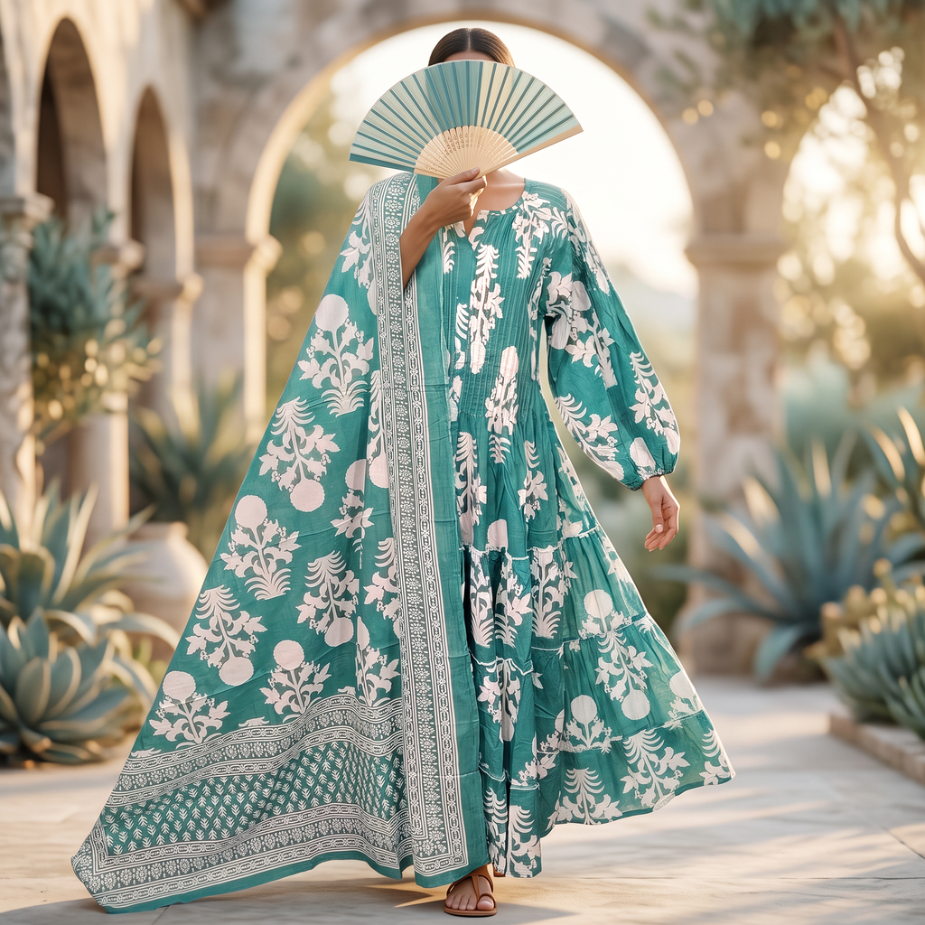 XS-S Fawz Printed Cotton Dress 54" Long Jalabiya With Sheila TN 343