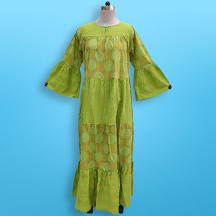 S/M Moon Green Printed Cotton Dress 57" Long Jalabiya