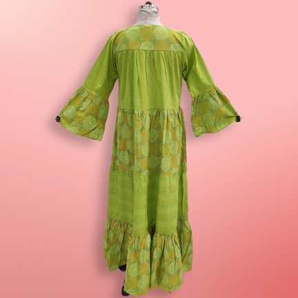 L/XL Moon Green Printed Cotton Dress 57" Long Jalabiya