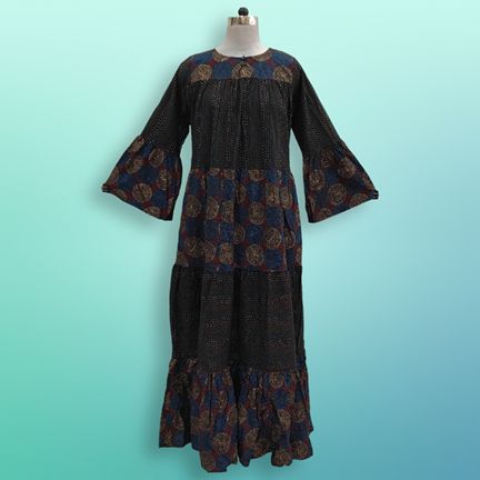 L/XL Moon Black Printed Cotton Dress 57" Long Jalabiya