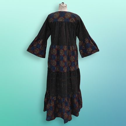 L/XL Moon Black Printed Cotton Dress 57" Long Jalabiya