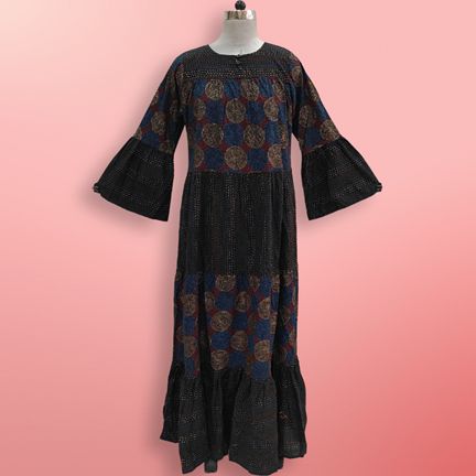 L/XL Moon Black Printed Cotton Dress 57" Long Jalabiya