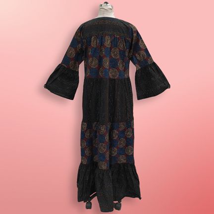 L/XL Moon Black Printed Cotton Dress 57" Long Jalabiya