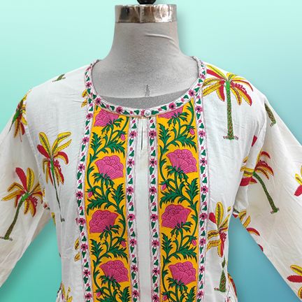 L/XL Bhopali Printed Cotton Dress 57" Long Jalabiya