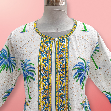 L/XL Bhopali Printed Cotton Dress 57" Long Jalabiya