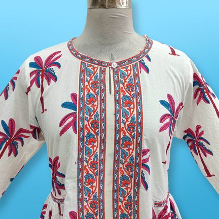 L/XL Bhopali Printed Cotton Dress 57" Long Jalabiya