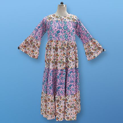 XS/S Moon Pink Printed Cotton Dress 55" Long Jalabiya