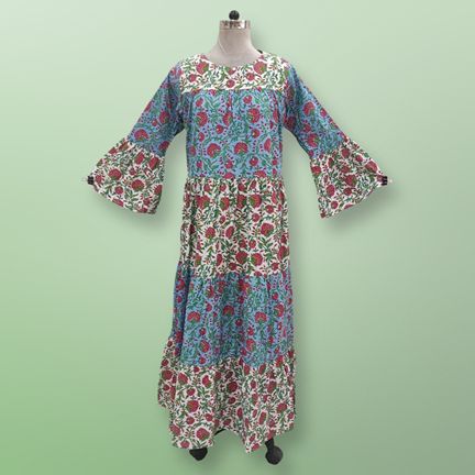 L/XL Moon Blue Printed Cotton Dress 57" Long