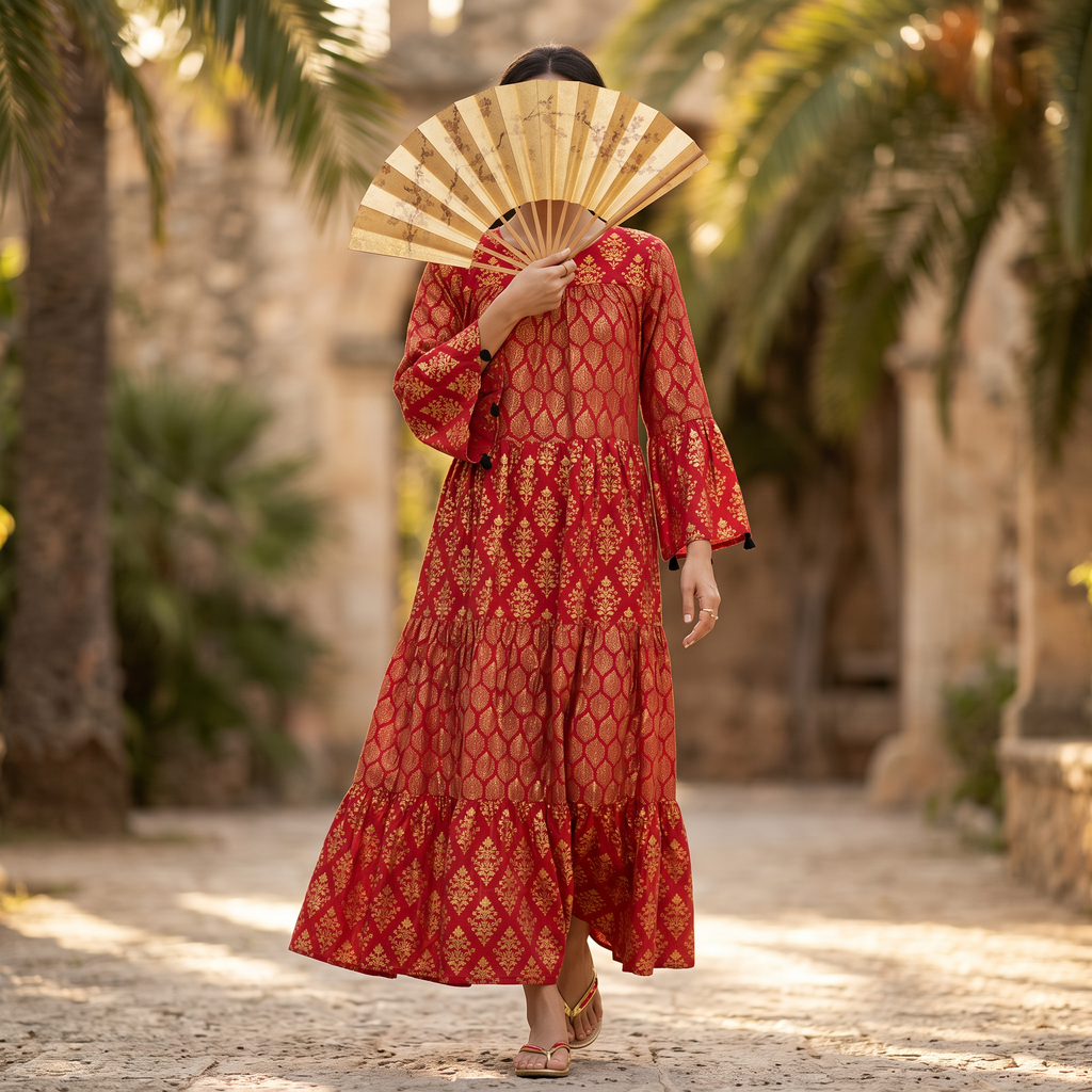 S/M Moon Gold Printed Dress 57" Long Jalabiya