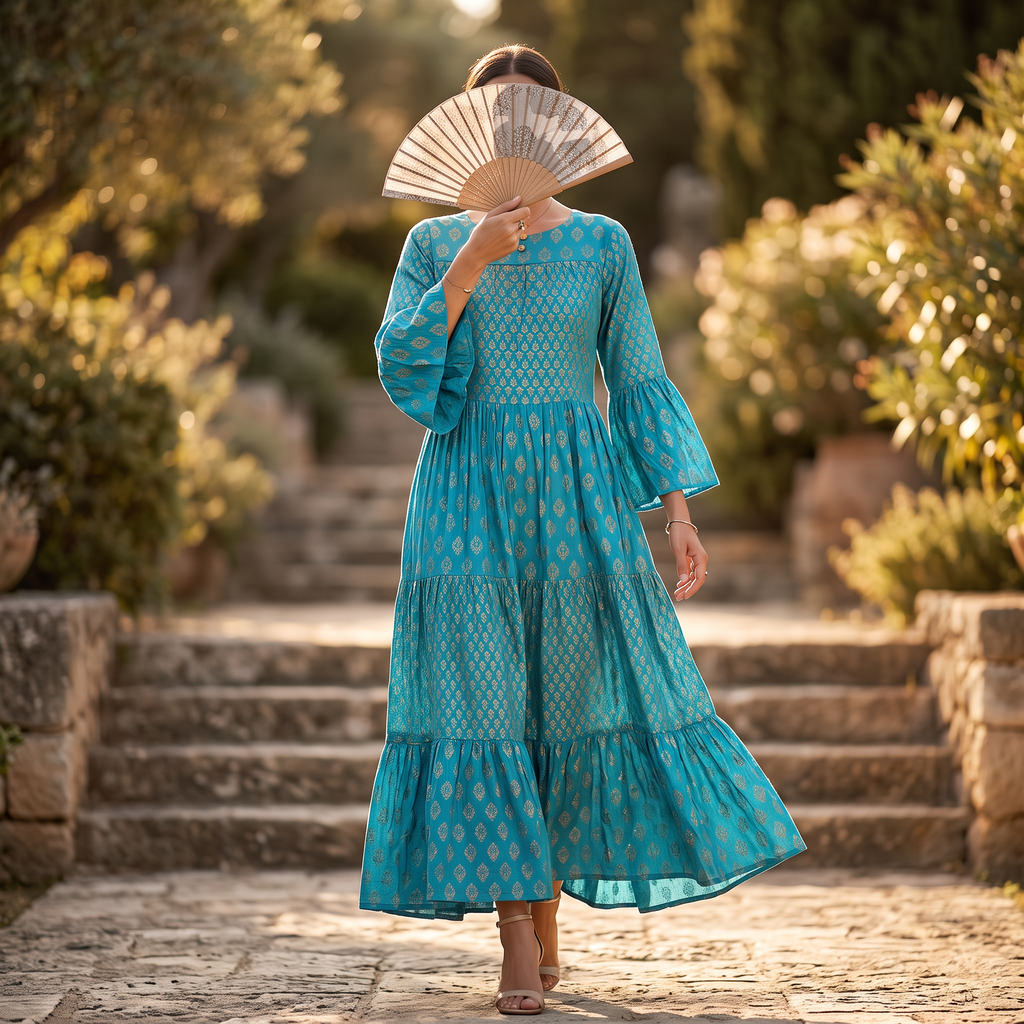 L/XL Moon Gold Printed Dress 57" Long Jalabiya