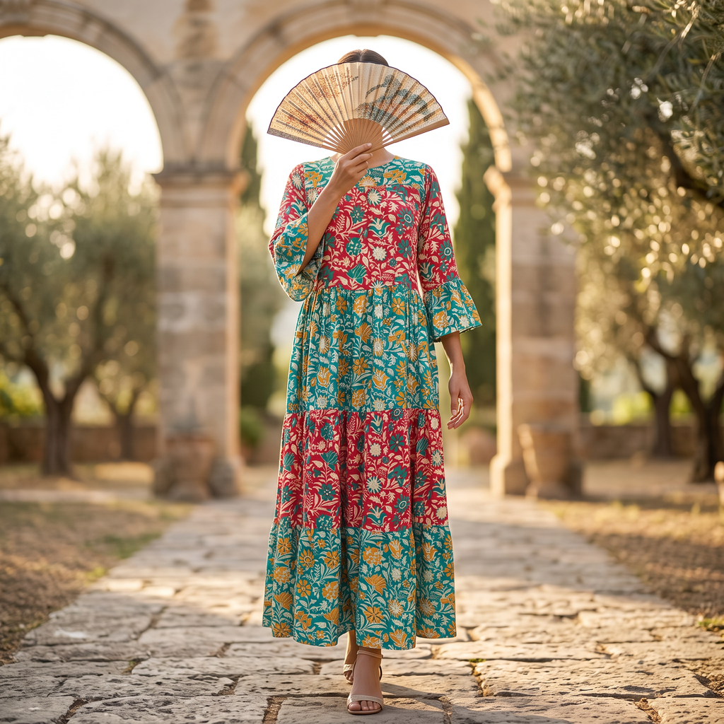 L/XL Satin Moon Printed Cotton Dress 57" Long Jalabiya