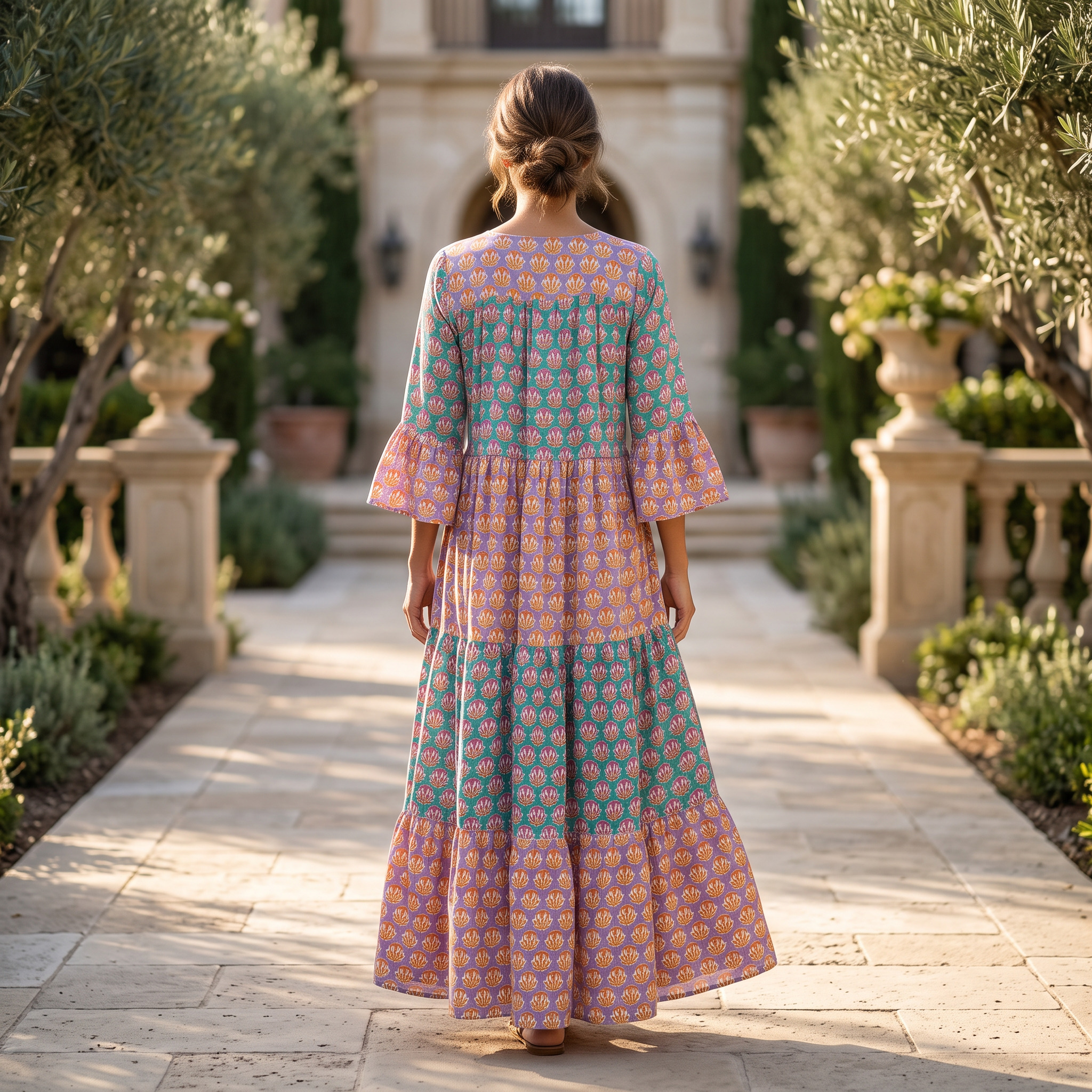 S/M Satin Moon Printed Cotton Dress 57" Long Jalabiya