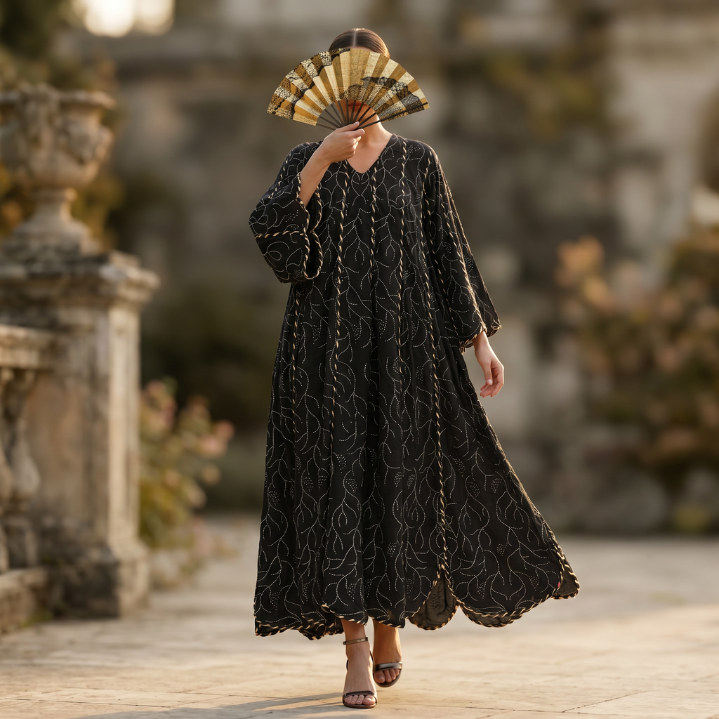 S/M Meher Crystal Black Plain Cotton Dress 57" Long Jalabiya