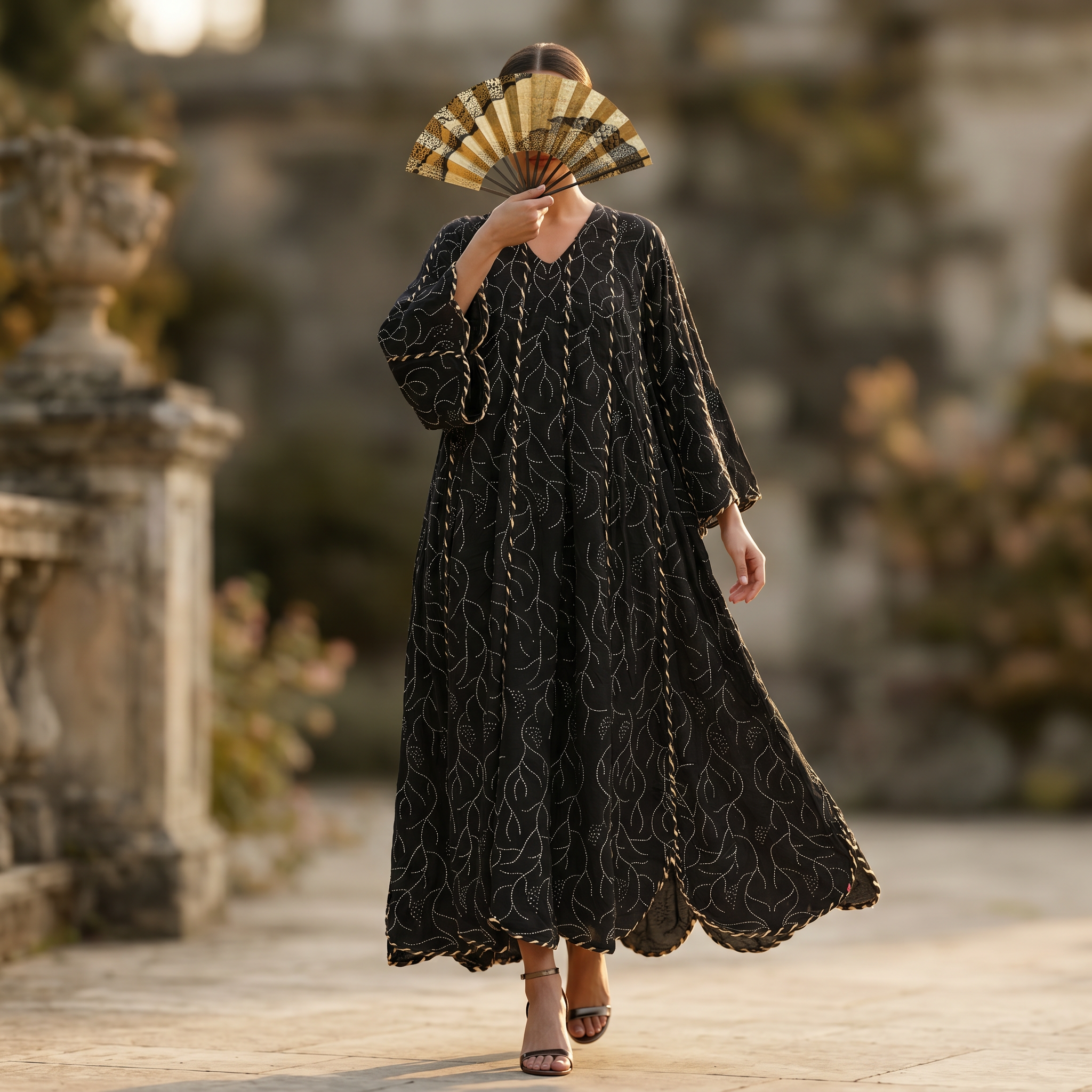 L/XL Meher Crystal Black Printed Cotton Dress 57" Long Jalabiya