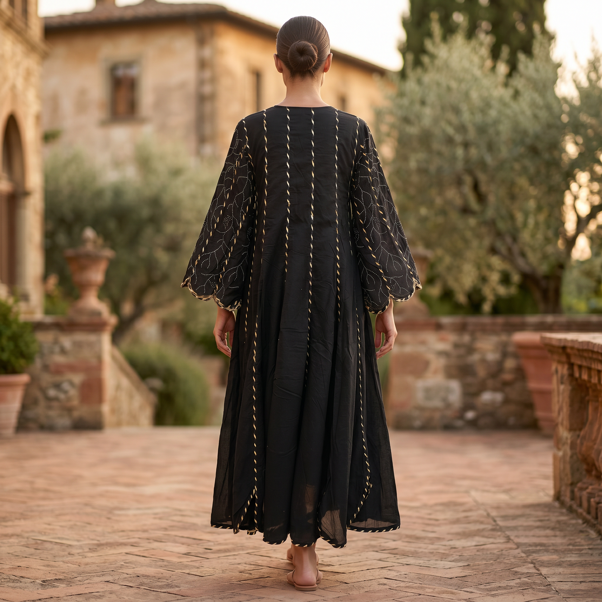 L/XL Meher Crystal Black Multi Printed Cotton Dress 57" Long Jalabiya