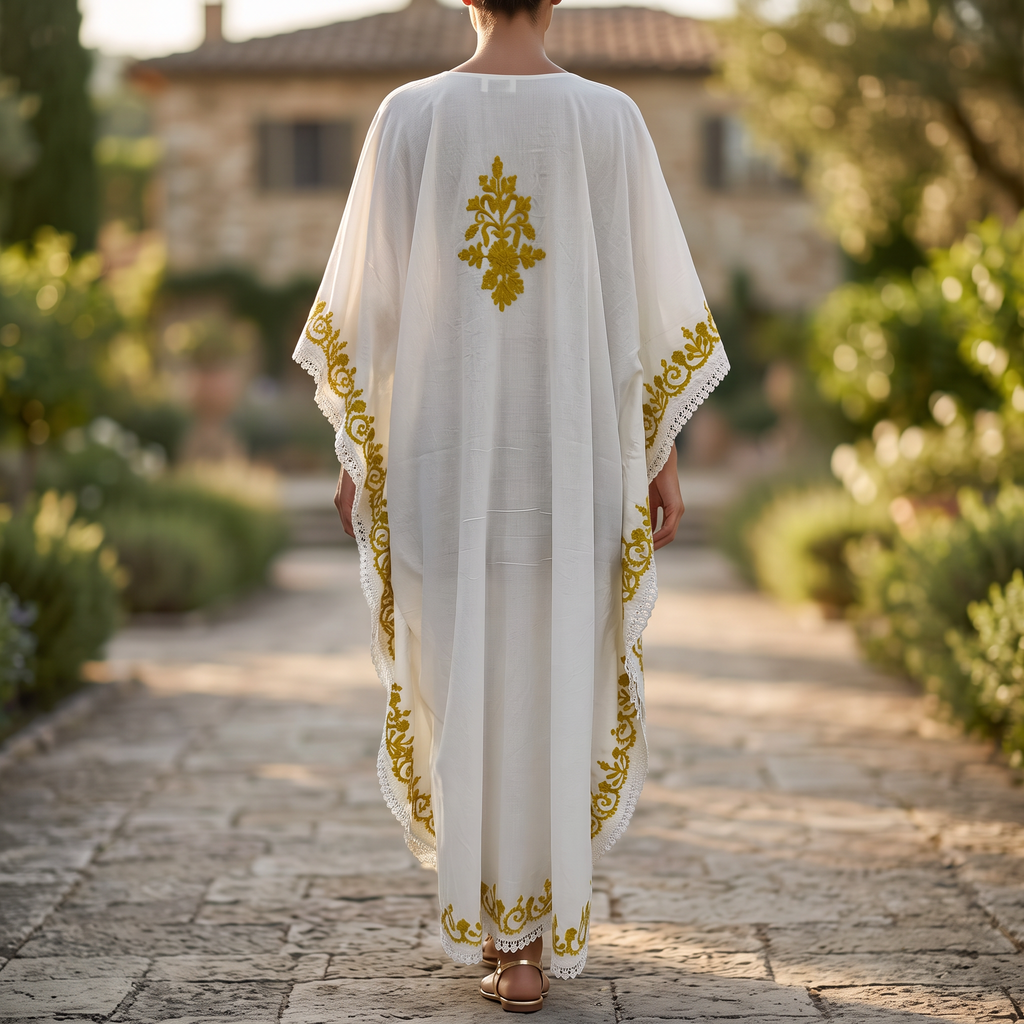 Free Size Farasha Embroidery Kaftan Cotton Dress 57" Long