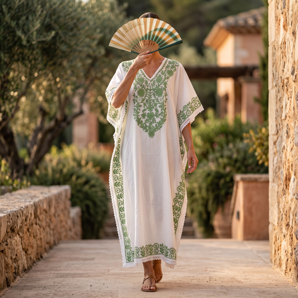 Free Size Farasha Embroidery Kaftan Cotton Dress 57" Long