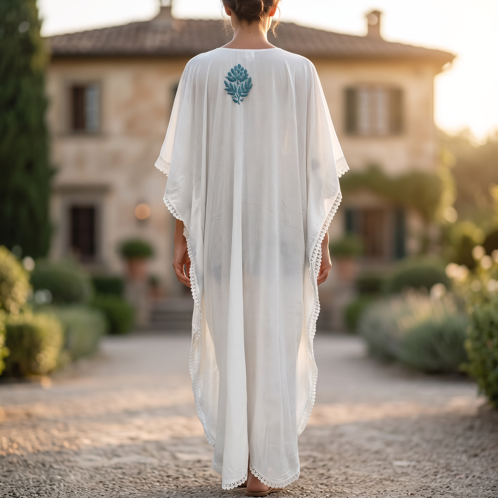 Free Size Farasha Embroidery Kaftan Cotton Dress 58" Long