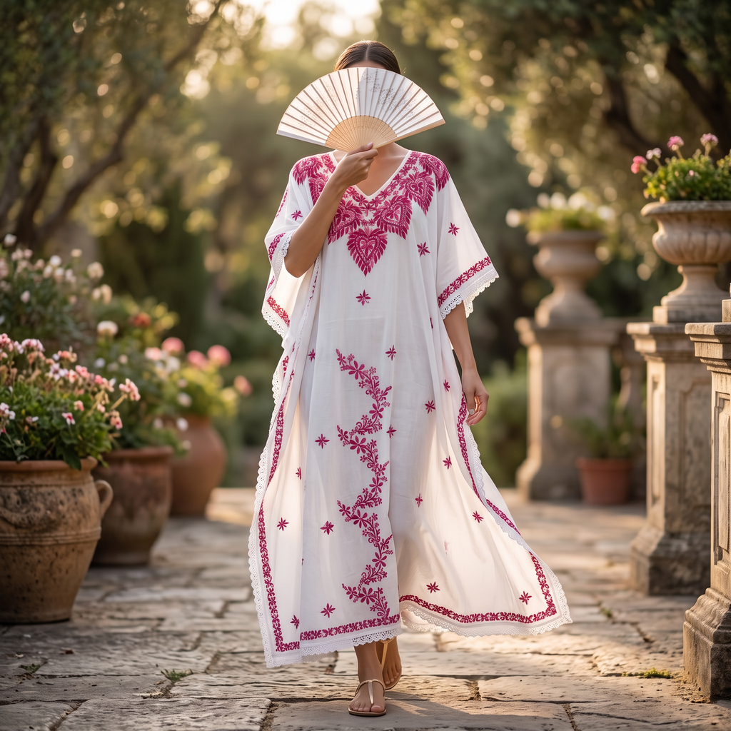 Free Size Farasha Embroidery Kaftan Cotton Dress 60" Long