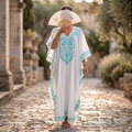 Free Size Farasha Embroidery Kaftan Cotton Dress 57" Long