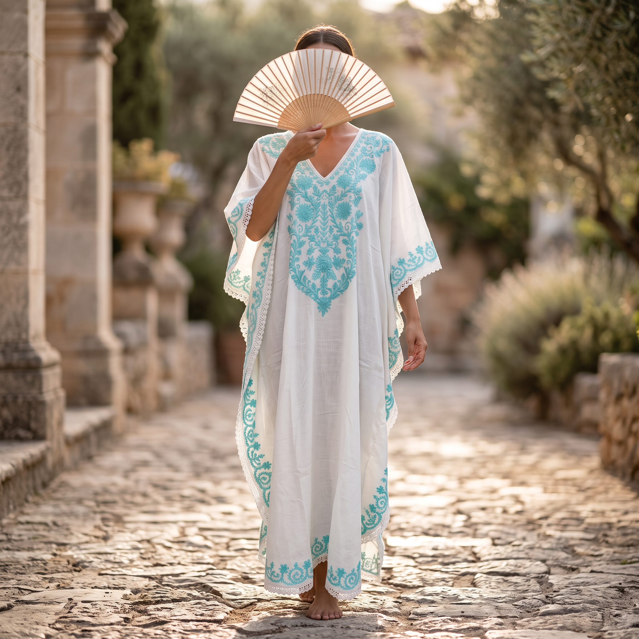 Free Size Farasha Embroidery Kaftan Cotton Dress 57" Long