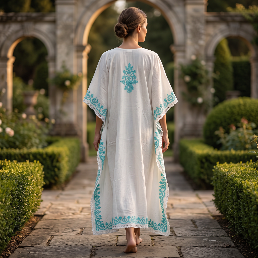 Free Size Farasha Embroidery Kaftan Cotton Dress 57" Long