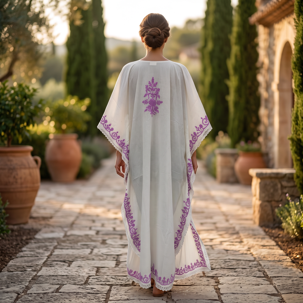 Free Size Farasha Embroidery Kaftan Cotton Dress 57" Long