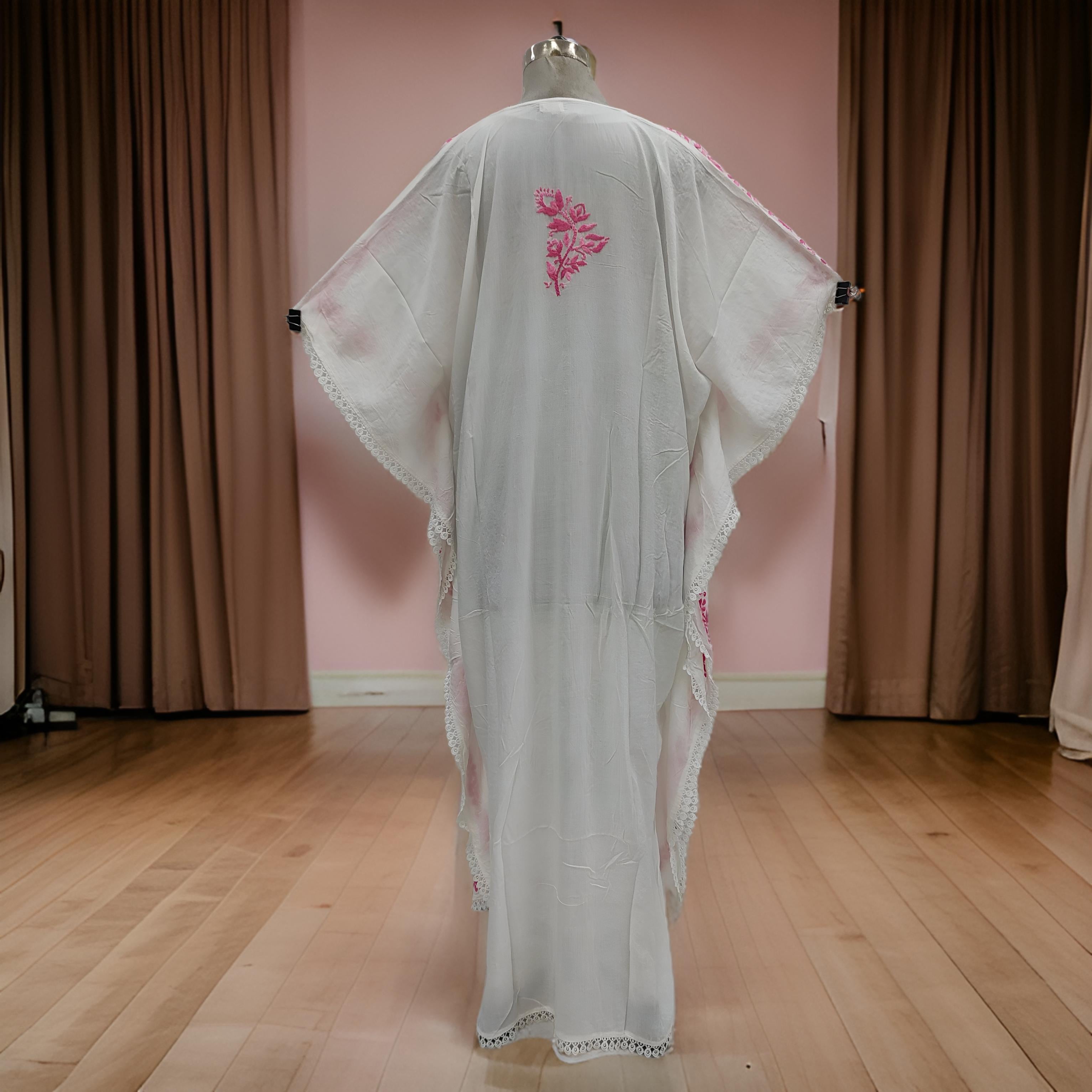 Free Size Farasha Embroidery Kaftan Cotton Dress 58" Long
