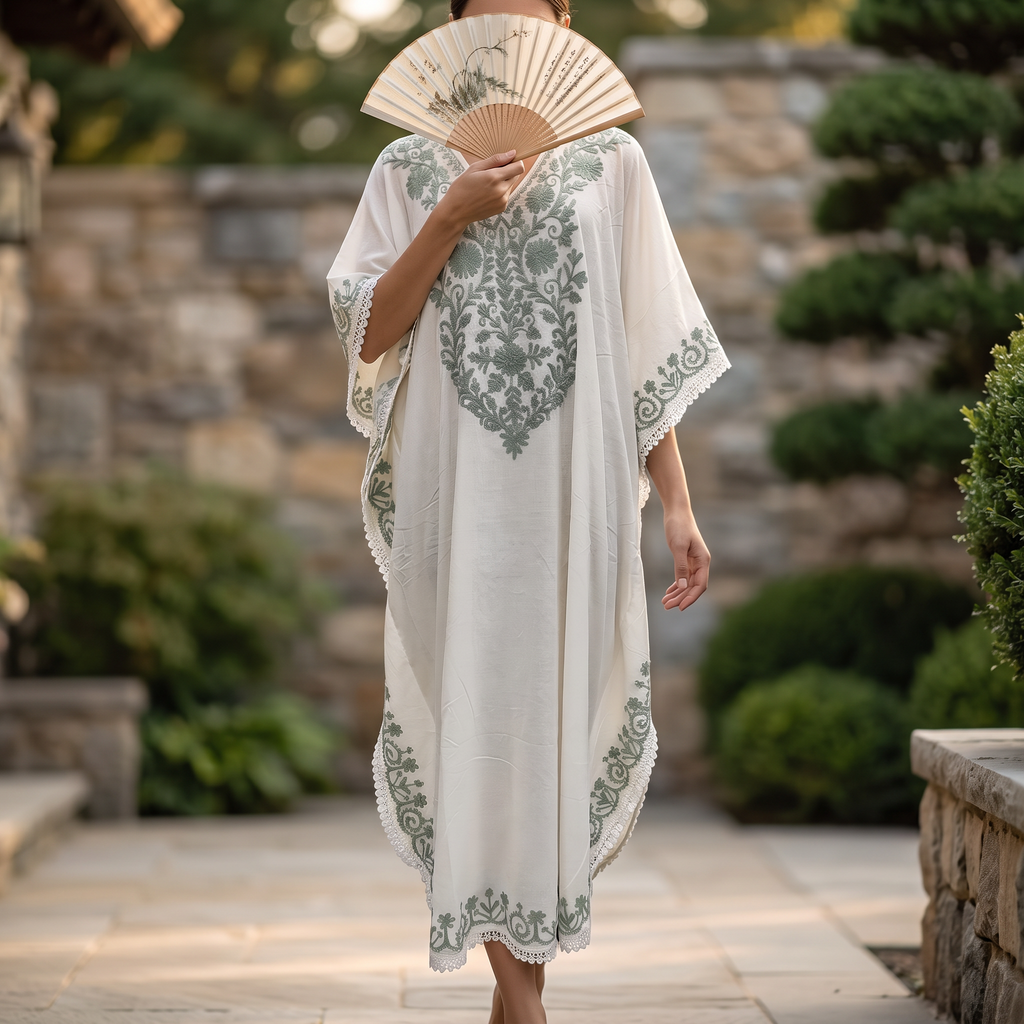 Free Size Farasha Embroidery Kaftan Cotton Dress 57" Long