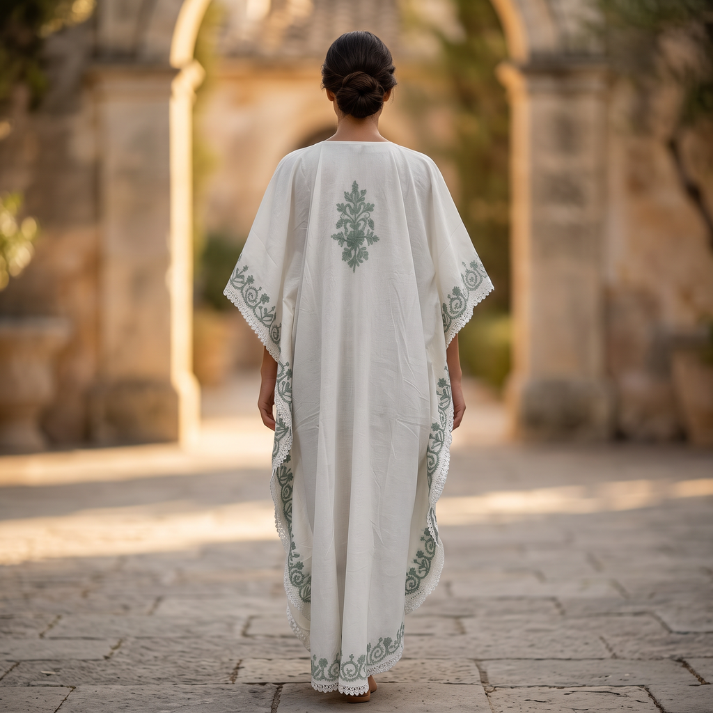 Free Size Farasha Embroidery Kaftan Cotton Dress 57" Long