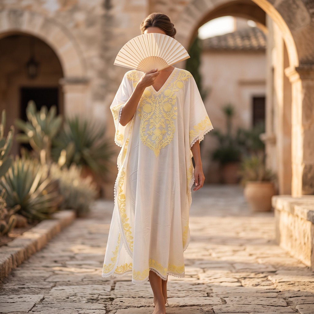 Free Size Farasha Embroidery Kaftan Cotton Dress 57" Long