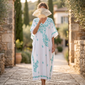 Free Size Farasha Embroidery Kaftan Cotton Dress 57" Long