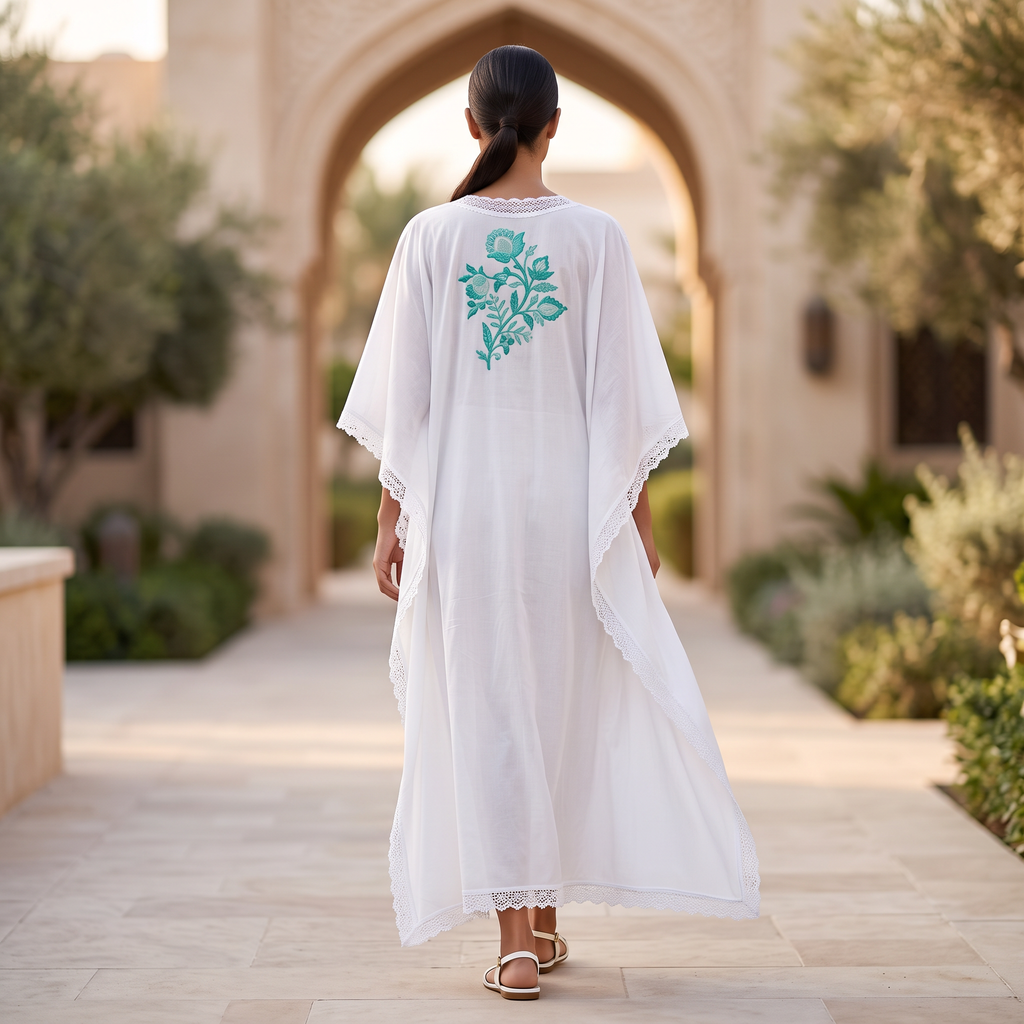 Free Size Farasha Embroidery Kaftan Cotton Dress 57" Long