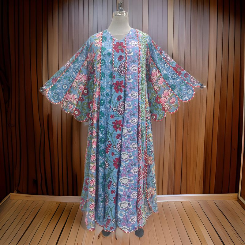 S/M Meher Blue Multi Printed Cotton Dress 57" Long Jalabiya