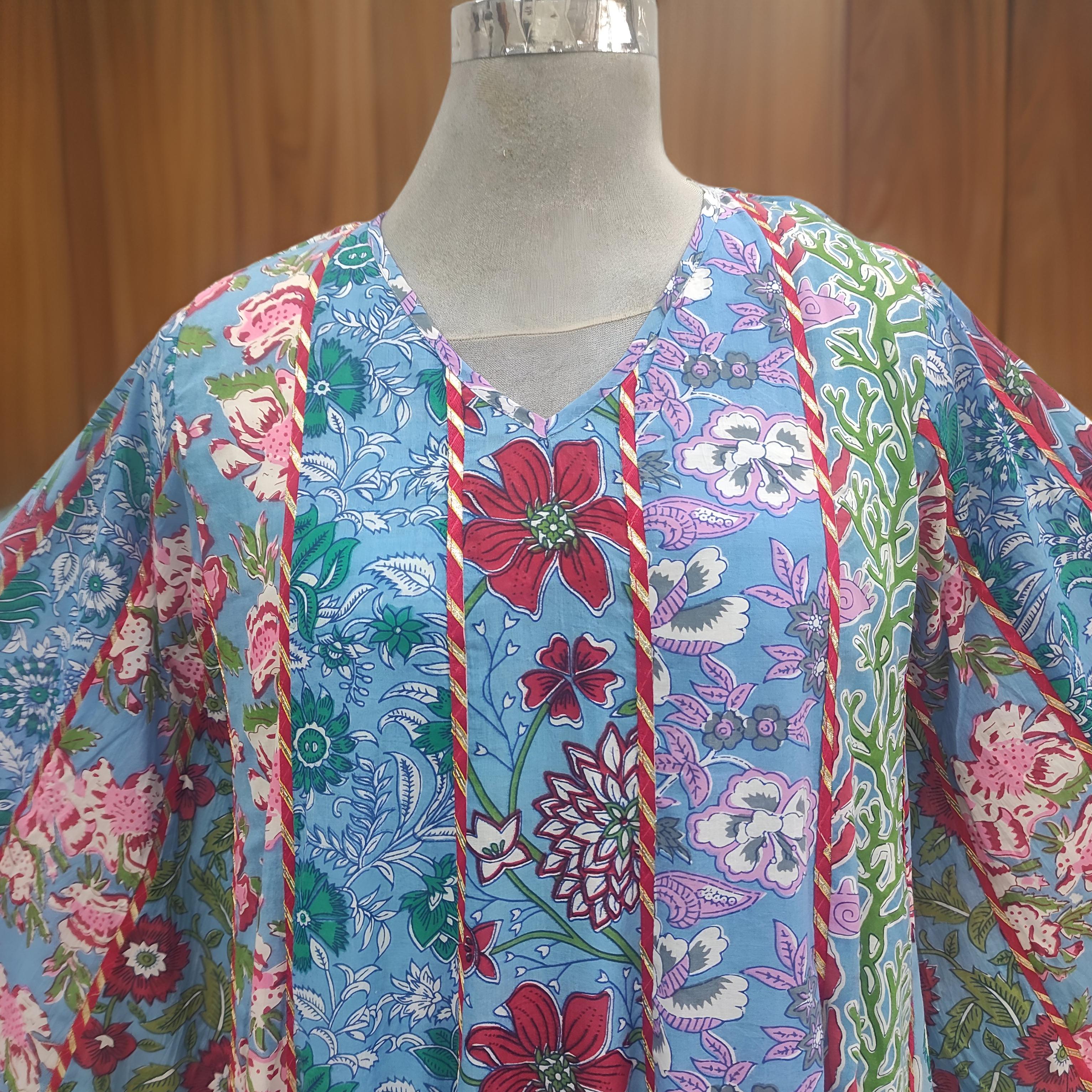 S/M Meher Blue Multi Printed Cotton Dress 57" Long Jalabiya