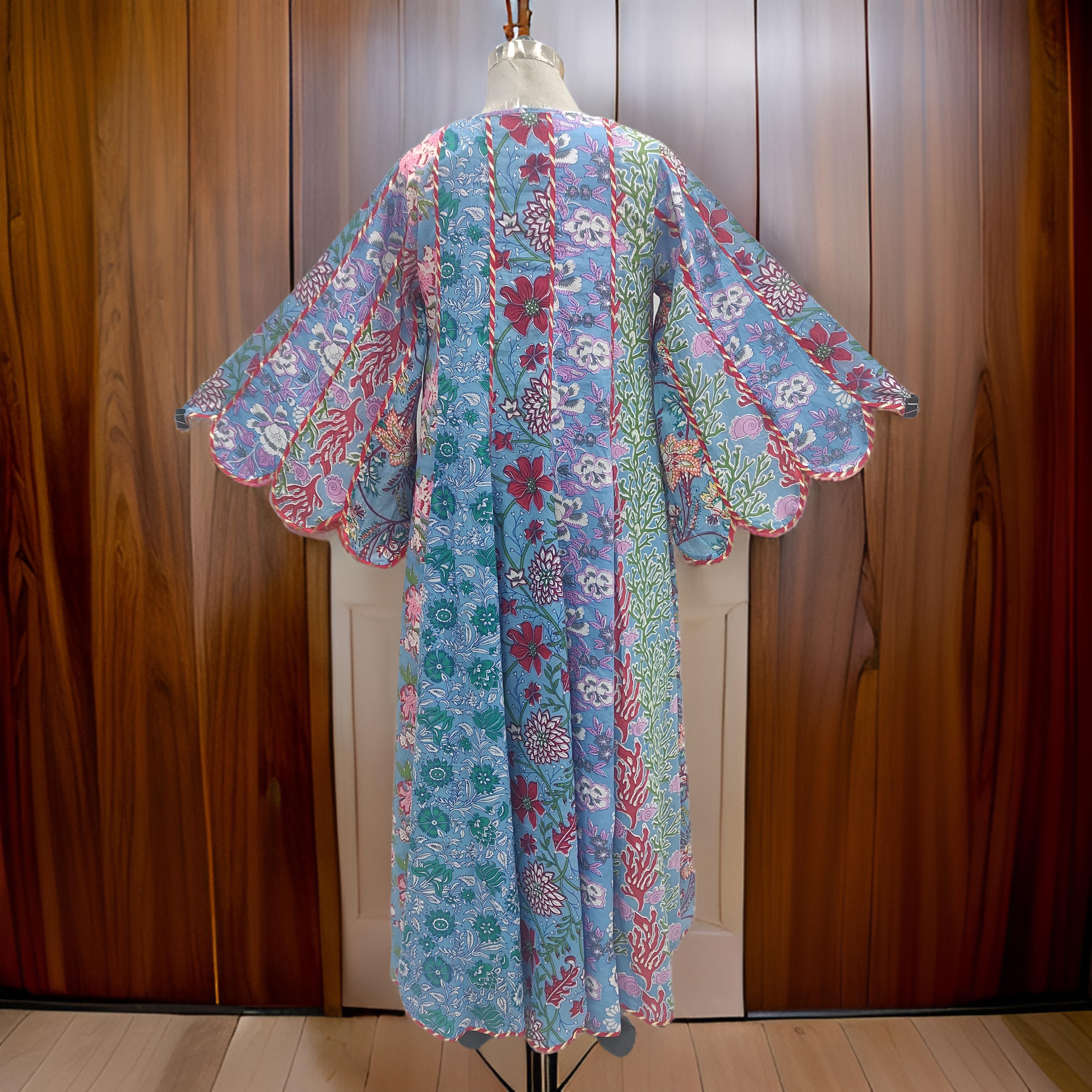 S/M Meher Blue Multi Printed Cotton Dress 57" Long Jalabiya
