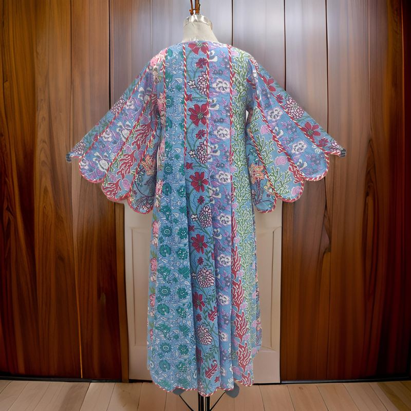 L-XL Meher Blue Multi Printed Cotton Dress 57" Long Jalabiya