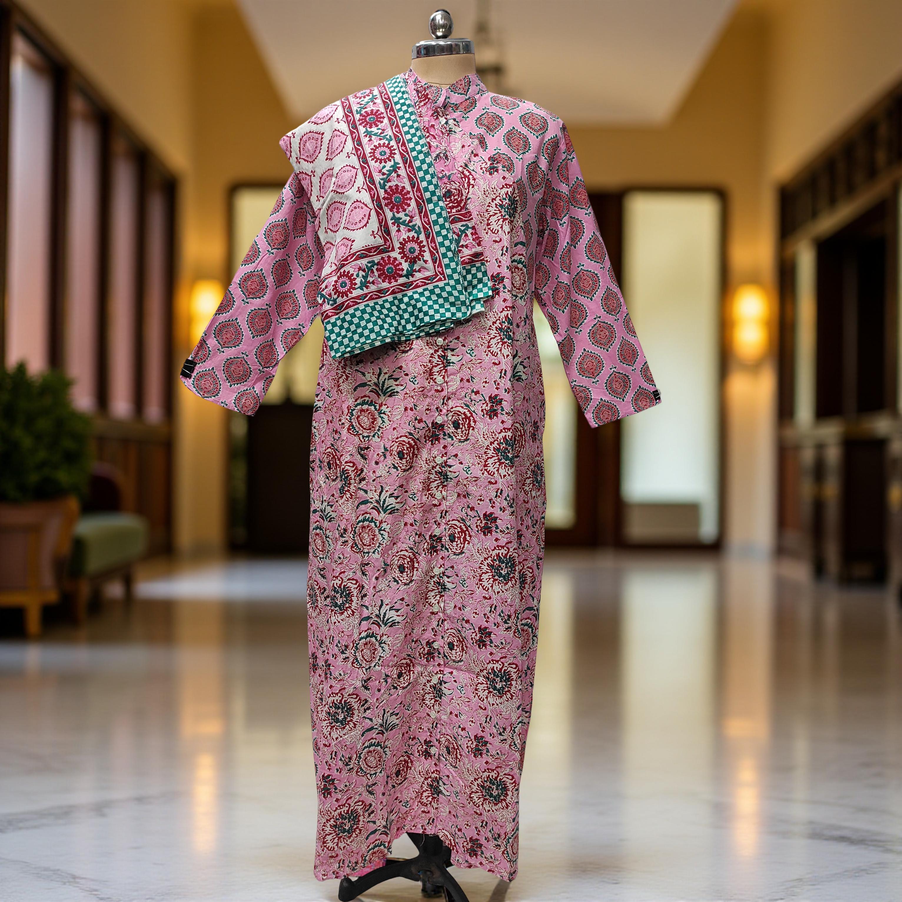 L-XL Honey Printed Cotton Dress 57" Long Jalabiya With Sheila