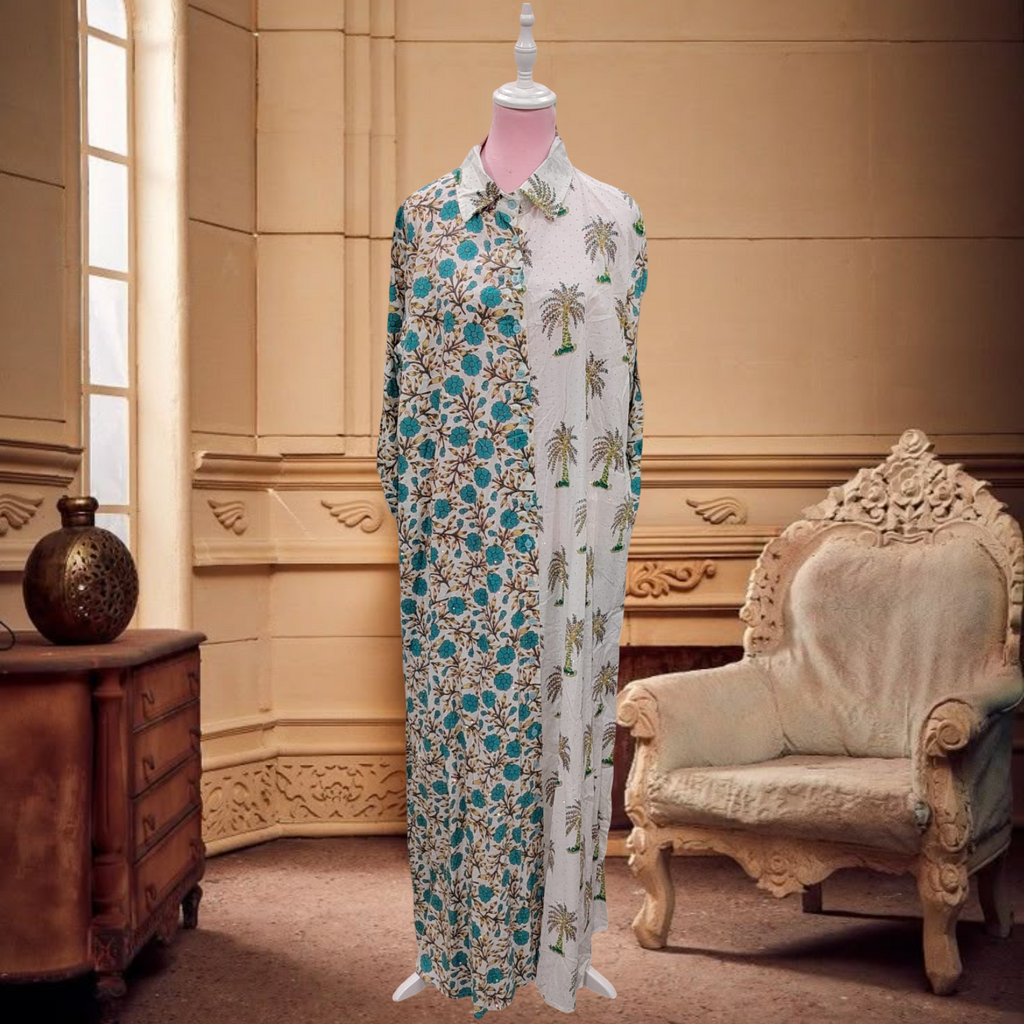 2XL/3XL Singapore Crystal Printed Cotton Dress 57" Long Jalabiya
