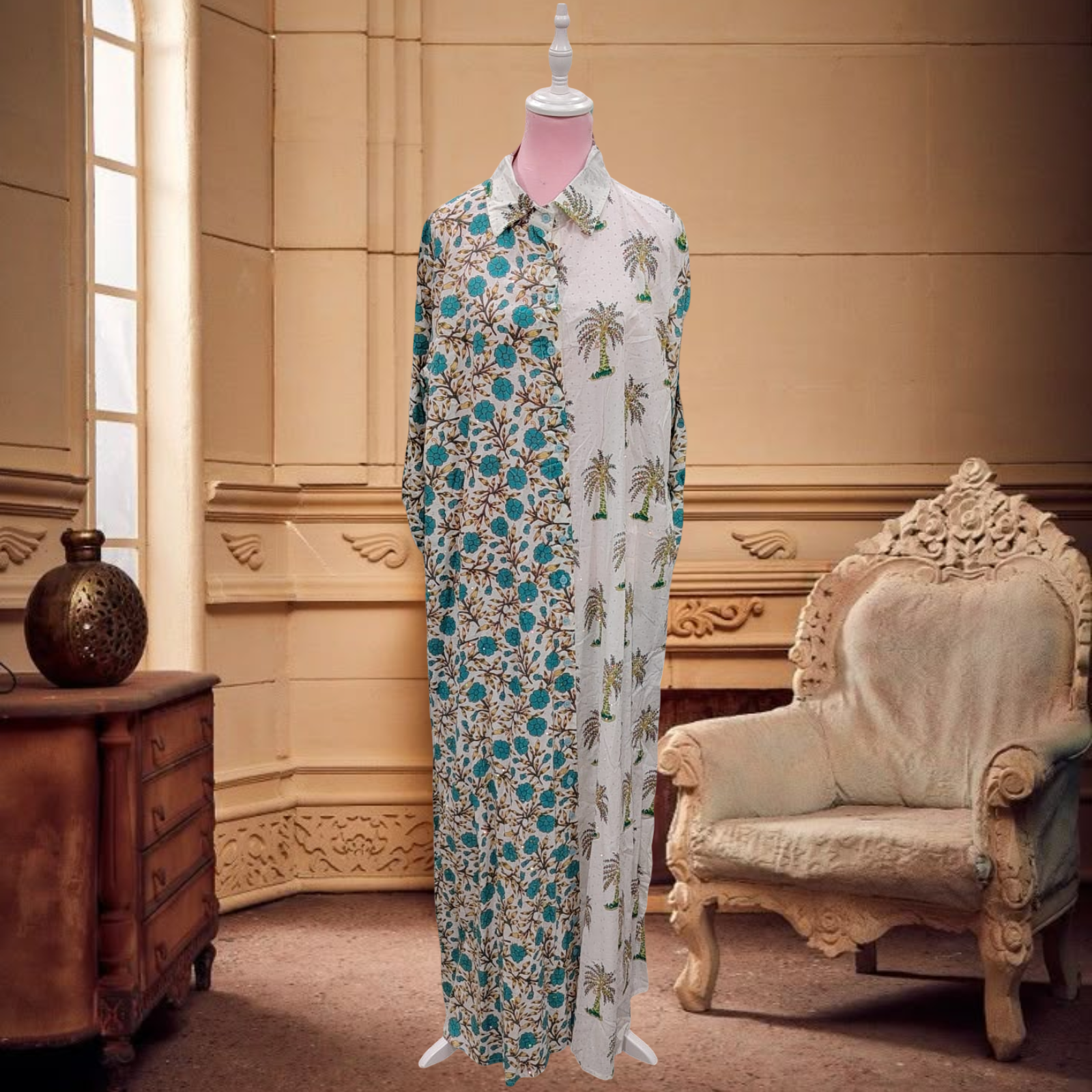 2XL/3XL Singapore Crystal Printed Cotton Dress 57" Long Jalabiya