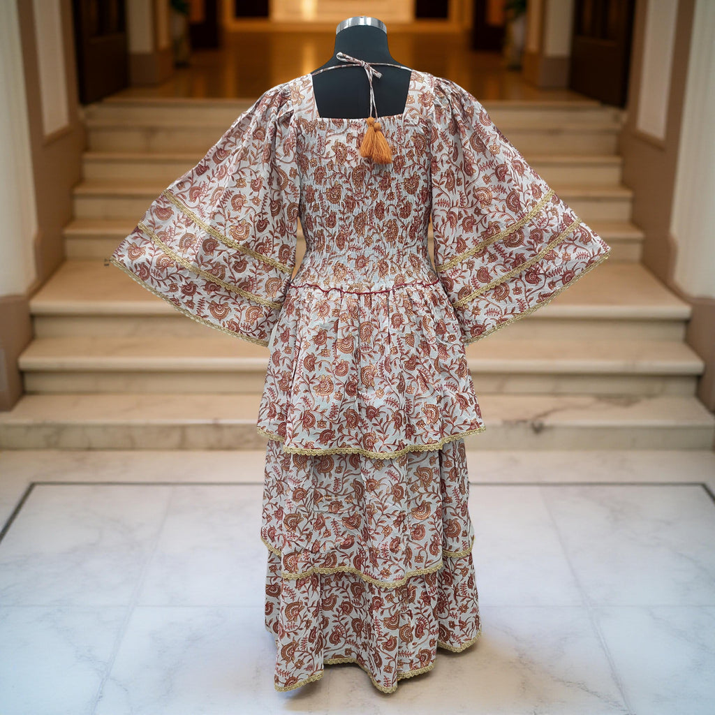 L/XL Rahima Gold Printed Cotton Dress 57" Long Jalabiya