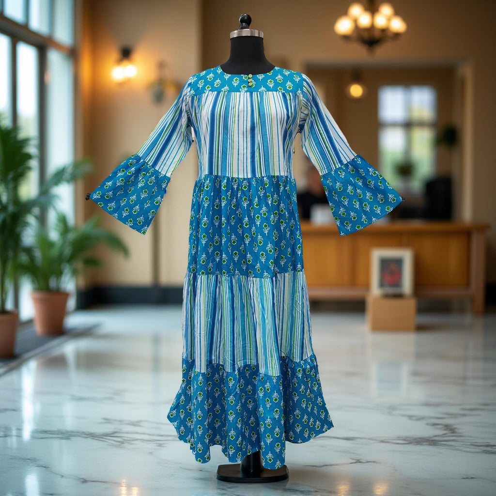 XS/S Sky And White Moon Printed Cotton Dress 54" Long Jalabiya