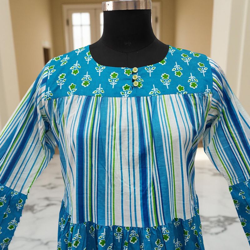 L/XL Sky And White Moon Printed Cotton Dress 57" Long Jalabiya